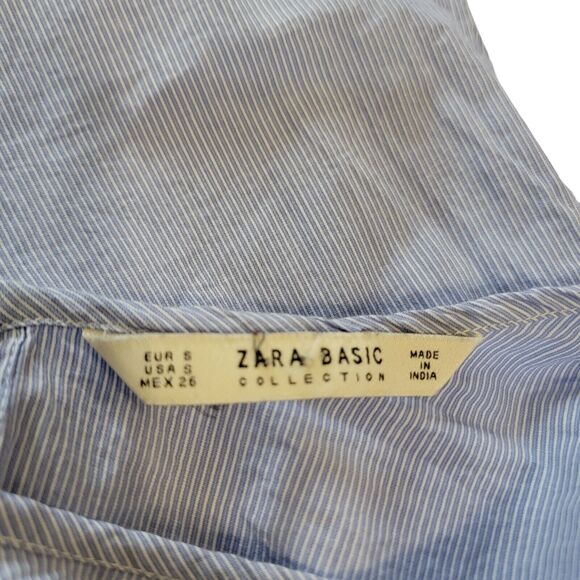 Zara Collection Top Womans Small Blue Pinstripe Bell Sleeve Contrasting Trim - Picture 4 of 5